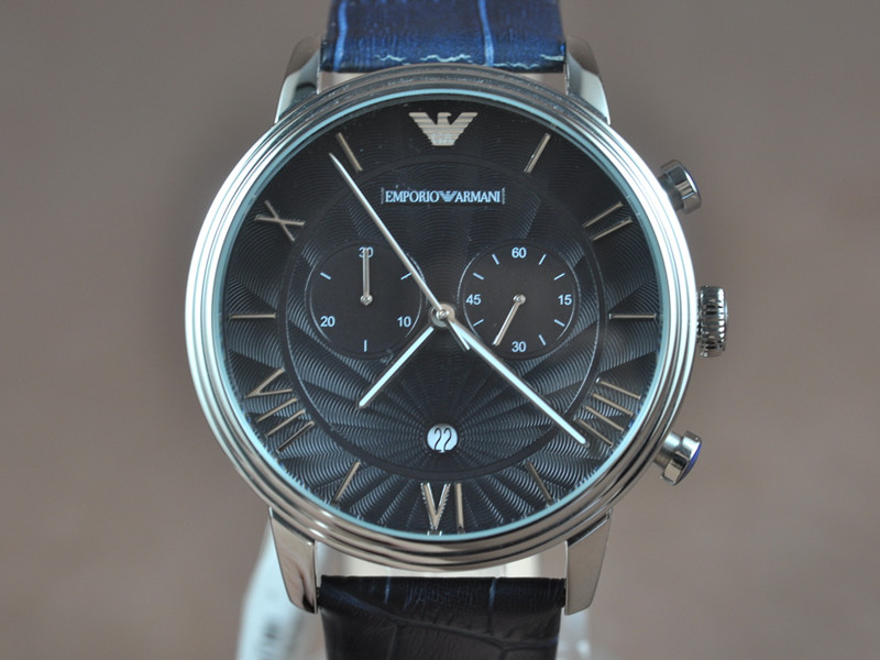 Armani【男性用】45mm 不銹鋼錶殼藍色面盤真皮皮帶石英機芯