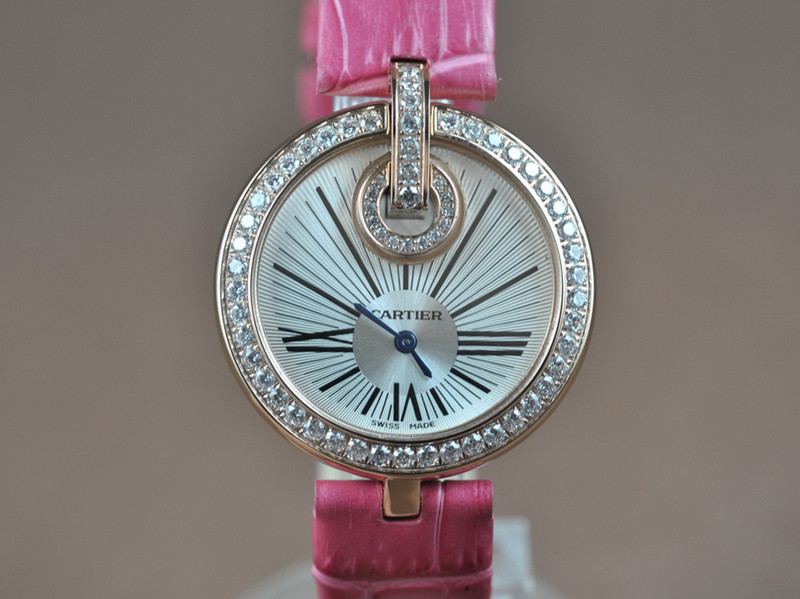 卡地亞【女性用】Captive de Cartier系列18K玫瑰金錶殼鑲嵌滿水鑽粉色真皮皮帶