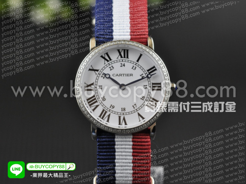 卡地亞【女性用】Rotonde系列精鋼拋光錶殼33mm+鑲嵌鑽錶圈尼龍編織的錶帶瑞士石英機芯