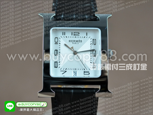 愛馬仕【男性用】H-Hour系列鱷魚皮帶頂級版不銹鋼錶殼白色油壓紋面盤瑞士RONDA石英機芯
