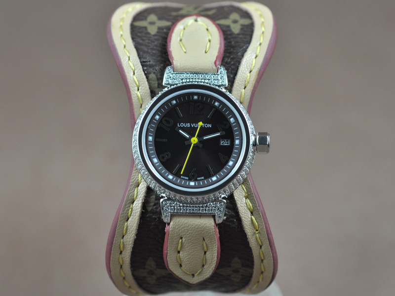 路易威登【女性用】Tambour經典系列不銹鋼錶殼鑲嵌滿水鑽帆布錶帶石英機芯