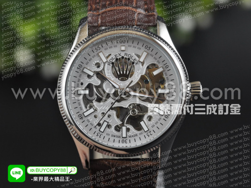 勞力士【男性用】Cellini切利尼系列不銹鋼拋光錶殼+真皮錶帶4813鏤空自動機芯